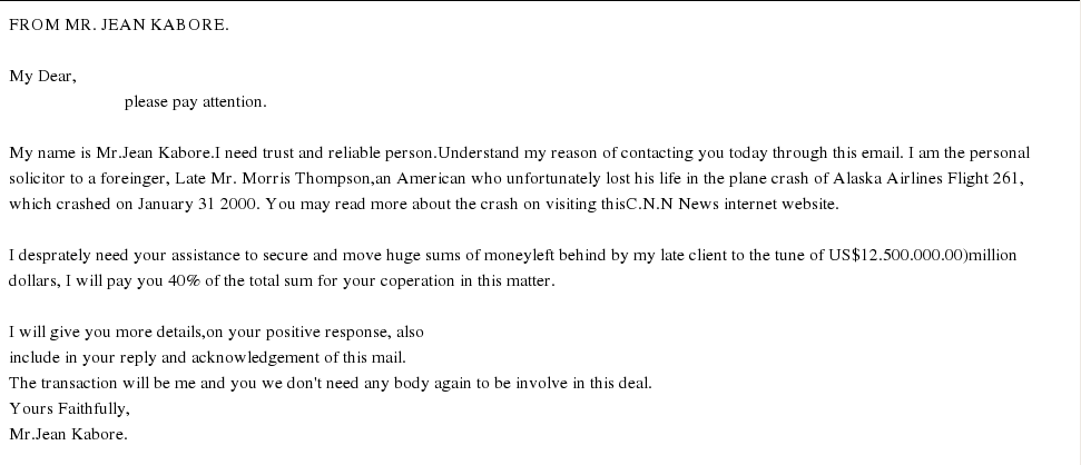 Kuvakaappaus huijaussähköpostista.