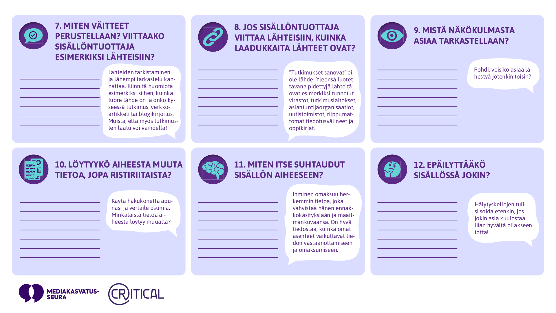mediakasvatus.fi 'Verkkosisältöjen kriittisen arvioinnin työkalu' -materiaalista 2/2 kuva: 7. Miten väitteet perustellaan? Viittaako sisällöntuottaja esimerkiksi lähteisiin?, 8. Jos sisällöntuottaja viittaa lähteisiin, kuinka laadukkaita lähteet ovat?, 9. Mistä näkökulmasta asiaa tarkastellaan?, 10. Löytyykö aiheesta muuta tietoa, jopa ristiriitaista?, 11. Miten itse suhtaudut sisällön aiheeseen?, 12. Epäilyttääkö sisällössä jokin?