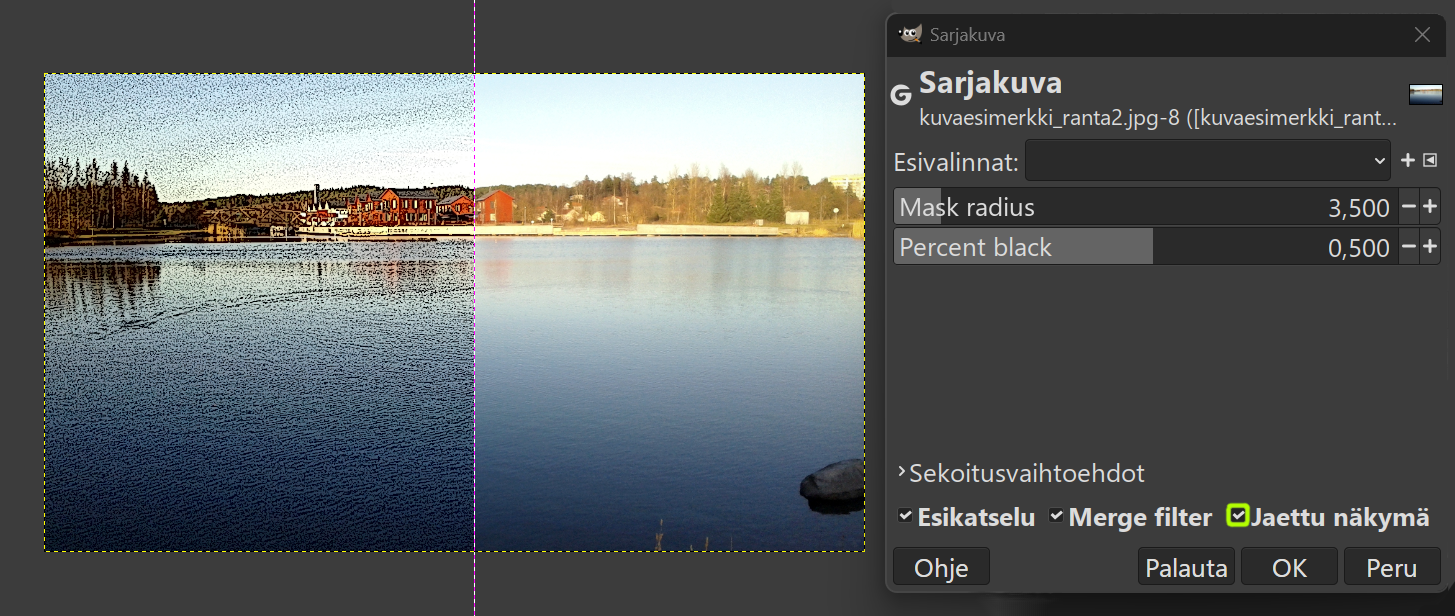 Esimerkkikuva suodatetusta, tehostetusta rantavalokuvasta jaetussa näkymässä.