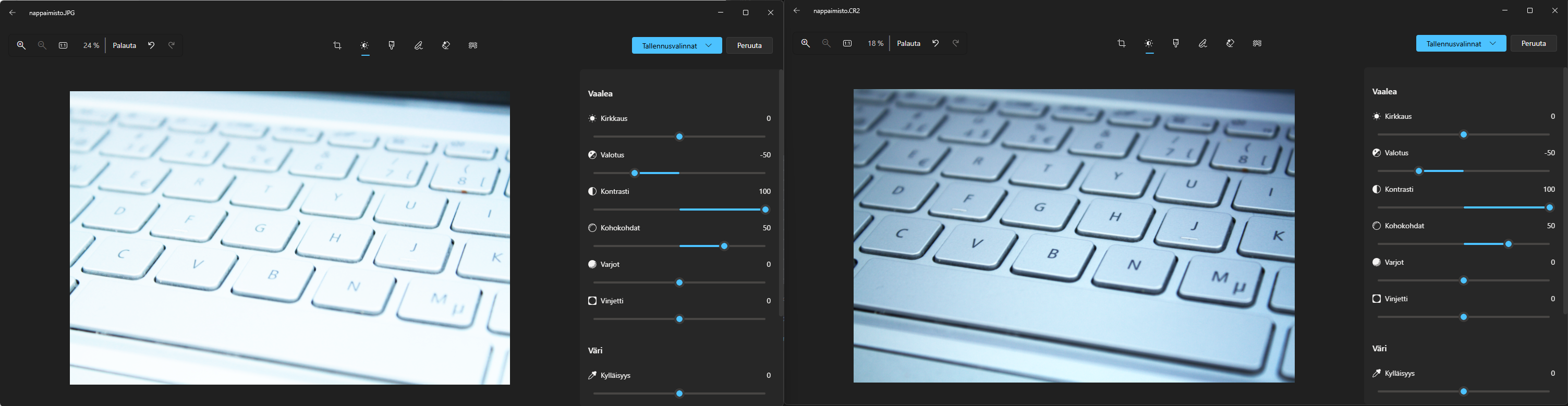Kuva, jossa näkyy ero raw- ja jpg-tiedostojen laadussa kuvankäsittelyn jälkeen.