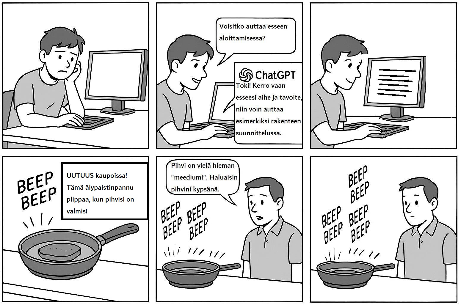 Sarjakuva, missä ylärivillä tekoäly auttaa esseen kirjoittamisen aloittamisessa ja alarivillä mielikuvituksellinen uusi keksintö 'älypaistinpannu' piipittää kypsää pihviä, vaikka kokin mielestä pihvi ei ole vielä valmis.