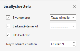Word selainsovelluksen sisällysluettelon muotoiluasetukset