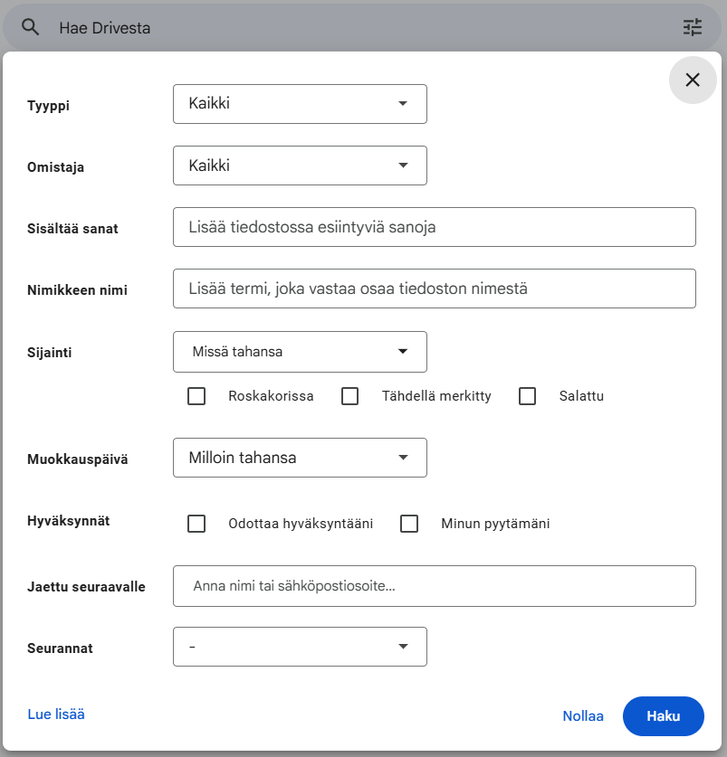 Kuva Google Driven hakutoiminnosta.