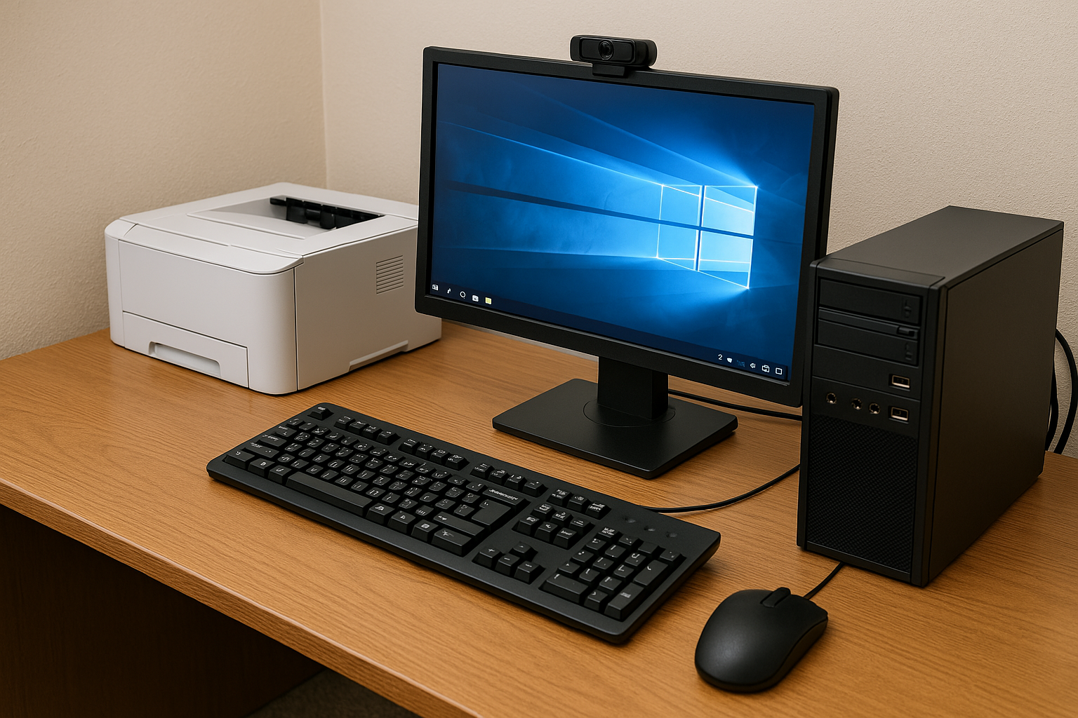 Kuva pöytätietokoneesta oheislaitteineen.